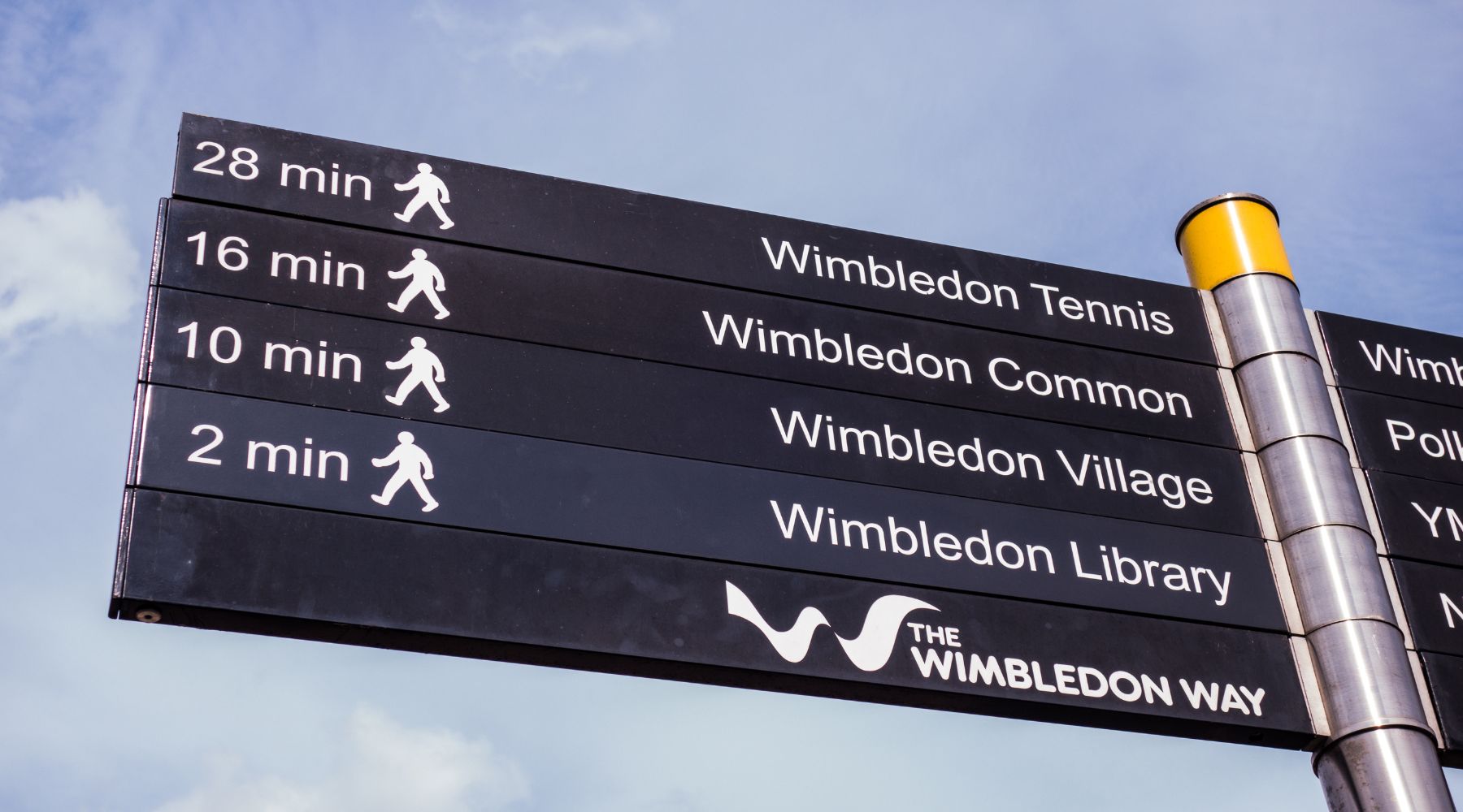 Signpost for The Wimbledon Way showing walking times to Wimbledon Tennis, Wimbledon Common, Wimbledon Village and Wimbledon Library.